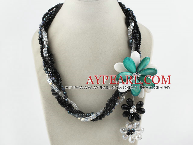 Multi Strands Black and Clear Crystal and Green Shell Flower Party Necklace