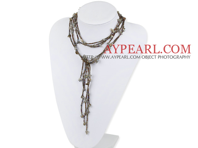 Nice Long Style Green Rutilated Quartz Chips Strand Necklace, Y Shape Sweater Necklace