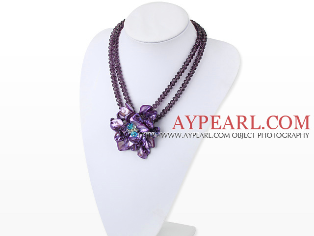 Popular Double Strand Purple Crystal And Shell Flower Pendant Necklace