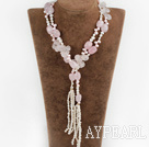 Fashion Multi Function Long Style White Freshwater Pearl And Rose Quartz Y Shape Pendant Necklace