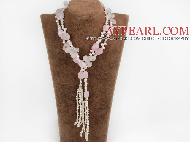 Fashion Multi Function Long Style White Freshwater Pearl And Rose Quartz Y Shape Pendant Necklace