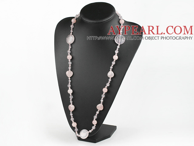 Fashion Long Style Round Caky And Heart Shape Rose Quartz Strand Necklace, Sweater Necklace