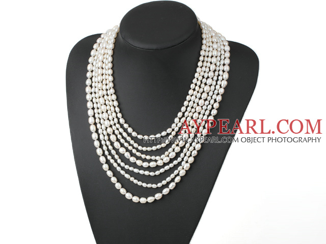 Elegant Multi-Strand Natural White Fresh Water Pearl Necklace With Multi-Row Clasp