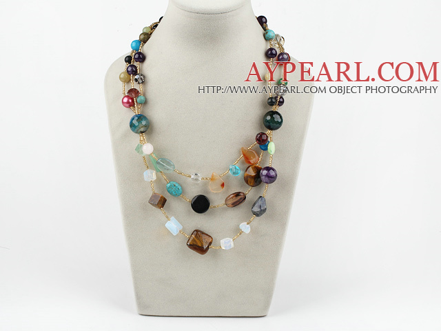 Fashion Multi Strand Various Sizes And Shapes Colorful Gemstone Necklace With Moonight Clasp
