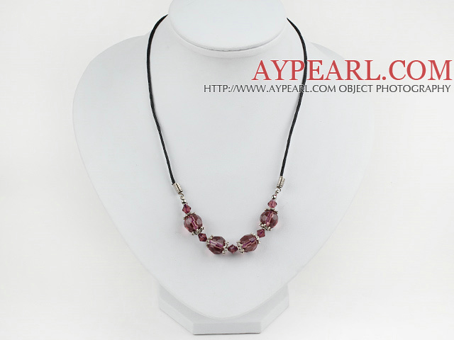 Fashion Manmade Wine Red Crystal Necklace With Black Cord 