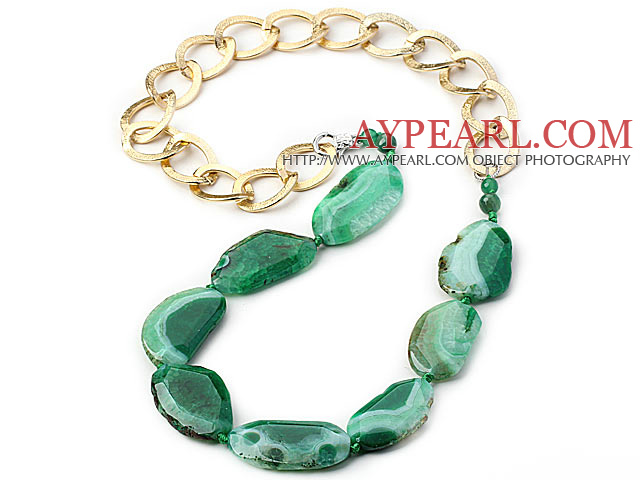 Зеленый цвет Pattern съемки Кристаллизованная Агатовые Завязывается ожерелье с золотой цепи Металл Цвет (Сеть может быть вычтена)