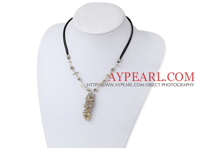 Fashion Gray Chipped Agate Pendant Necklace With Black Cord