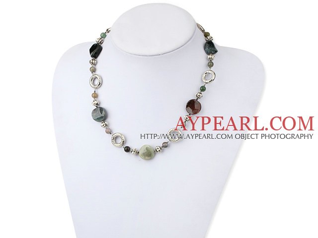 Popular Multi Color Indian Agate Loop Metal Charm Strand Necklace With Moonight Clasp