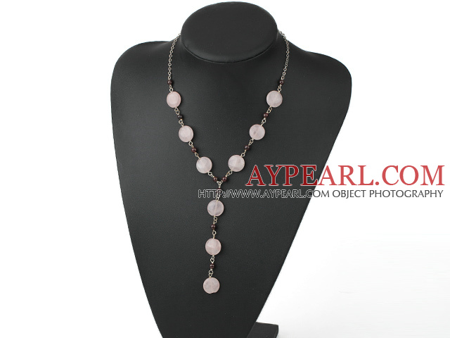 Fashion Loop Chain Garnet And Flat Round Rose Quartz Y Shape Pendant Necklace