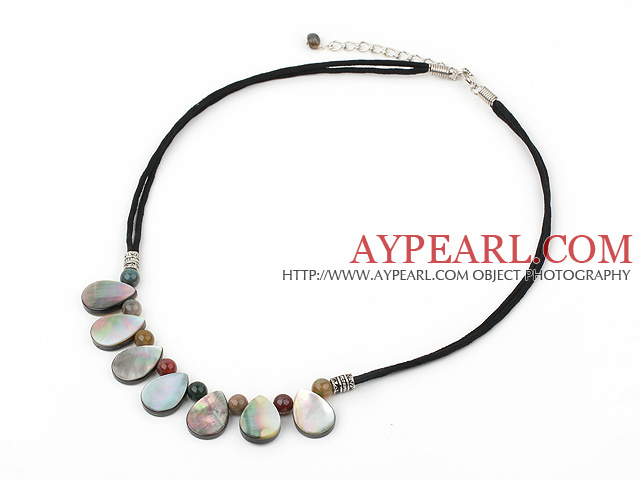 Fashion Colorful Round Indian Agate And Drop Shape Black Shell Necklace With Black Cords