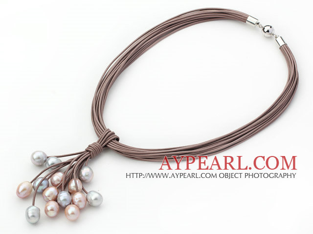 Multi Strands 11-12mm grau und rosa Süßwasser-Zuchtperlen Leder Halskette mit Magnetverschluss und Brown Leather