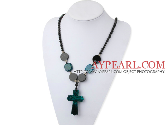 black pearl phoenix stone necklace with phoenix cross pendant