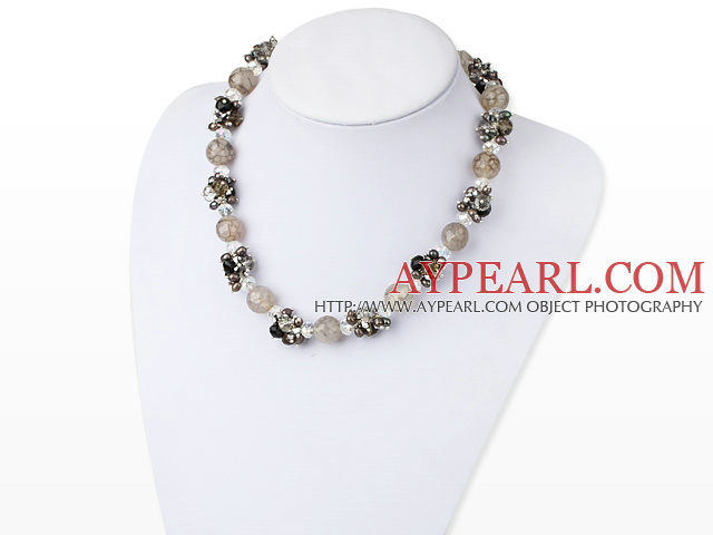 Fashion Cluster Style Pearl Crystal And Round Gray Agate Beads Necklace With Magnetic Clasp