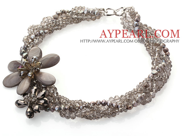 Gray Series Multi Strands Gray Pearl Crystal and Gray Shell Flower Party Necklace