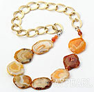 Orange Color Burst Pattern Crystallized Agate Knotted Necklace with Golden Color Metal Chain ( The Chain Can Be Deducted )