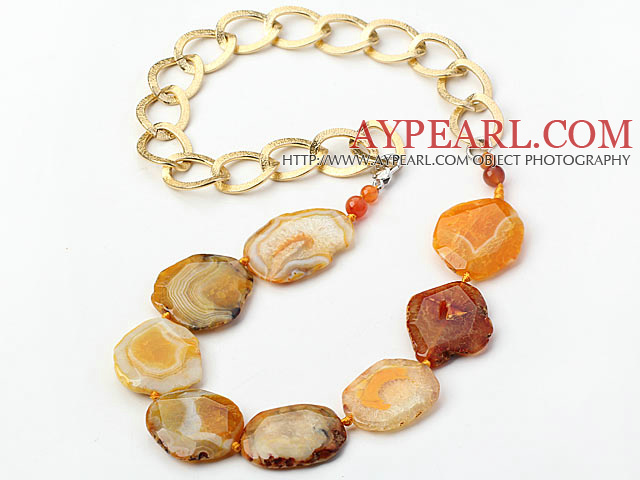 Orange Color Burst Pattern Crystallized Agate Knotted Necklace with Golden Color Metal Chain ( The Chain Can Be Deducted )