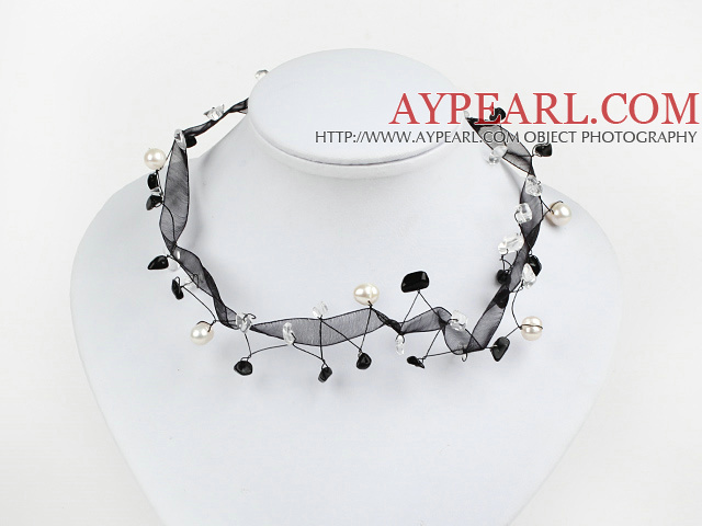 Simple Style Black And White Crytal And White Freshwater Pearl Ribbon Necklace