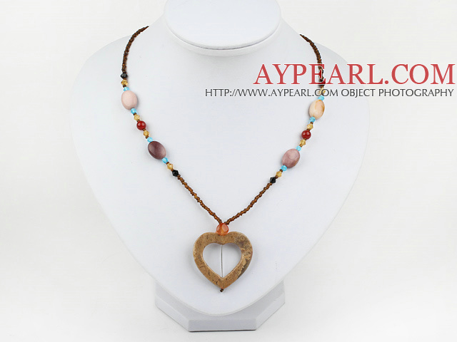 Fashion Rainbow Jasper And Multi Color Crystal Hollow-Heart Pedant Necklace