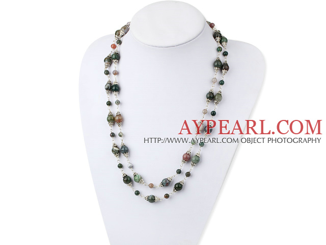 Fashion Long Style Round Colorful Indian Agate Charm Strand Necklace, Sweater Necklace