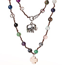 Beautiful Long Style Multi Stone Woven Necklace with Elephant And Cross Pendant(Random Stone Color)