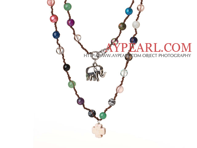 Schöne lange Art Multi Stein Woven Halskette mit Kreuz-Anhänger Elefant Und (Random Steinfarbe )