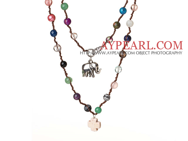 Belle long modèle multi Pierre Collier tissé avec Elephant Et pendentif croix (Random Couleur en pierre )