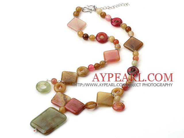 Natural Beautiful Three Color Jade Necklace With Large Square Pendant