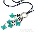 Fashion Round Black Agate And Blue Flower Jade Loop Wired Pendant Necklace With Black And Blue Cords