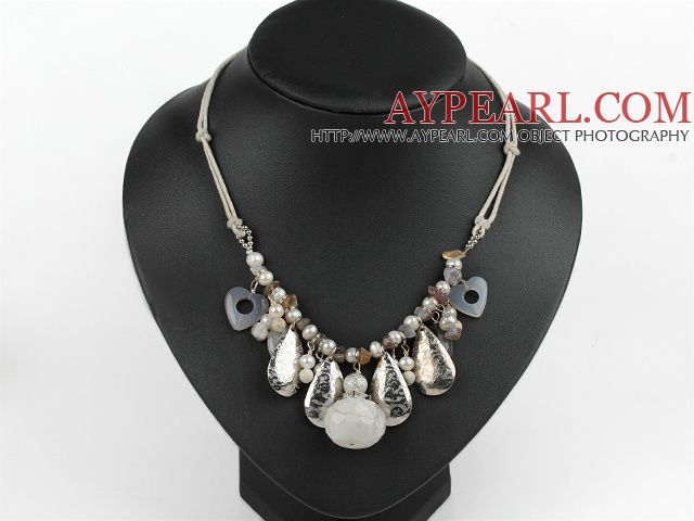 Fashion White Freshwater Pearl Agate And White Turquoise Metal Charm Necklace