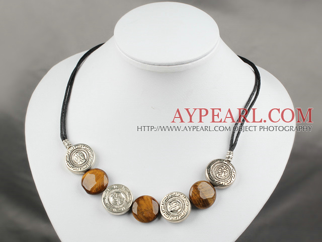 flat round tiger eye tibet silver necklace with extendable chain