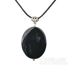 Lovely Large Black Oval Agate Pendant Necklace With Black Cord