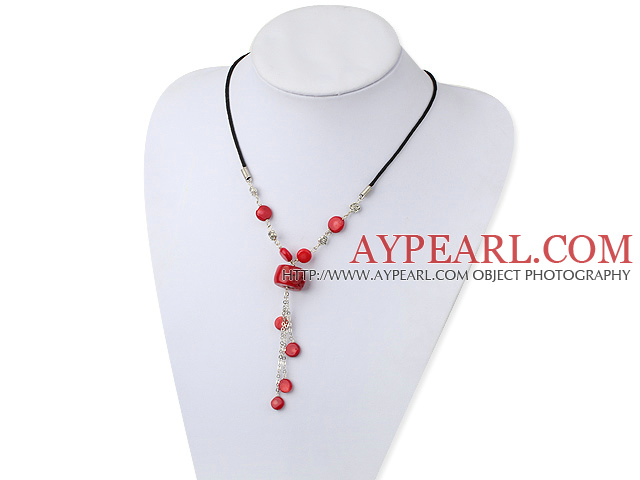 Simple Style Red Coral Hand Chain Pendant Necklace With Black Cord