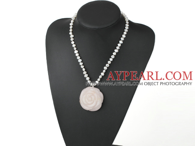 Elegant 7-8Mm White Freshwater Pearl And Rose Quartz Flower Pendant Necklace With Toggle Clasp