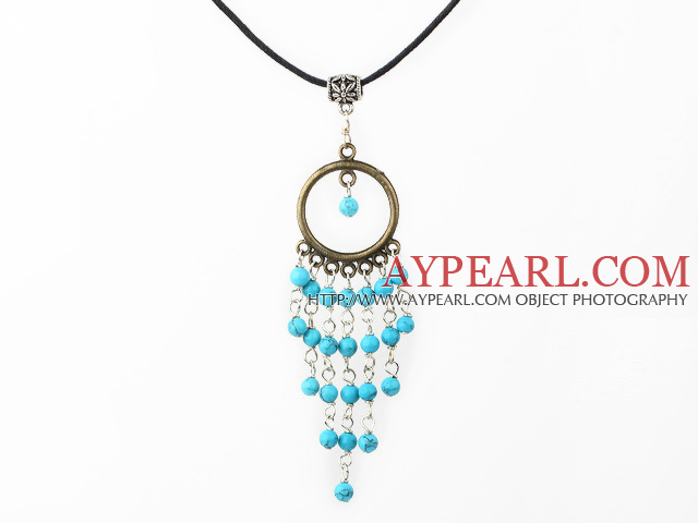 Fashion Round Blue Turquoise Link Bronze Looped Tibet Silver Tube Pendant Necklace With Black Cord