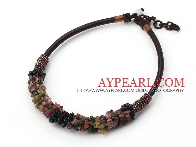 Fashion 6*8Mm Tournamel Chips Beaded Necklace With Dark Brown Loops Cords
