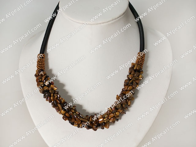 Nice 6*8Mm Tiger Eye Chips Beaded Necklace With Black Loops Cords