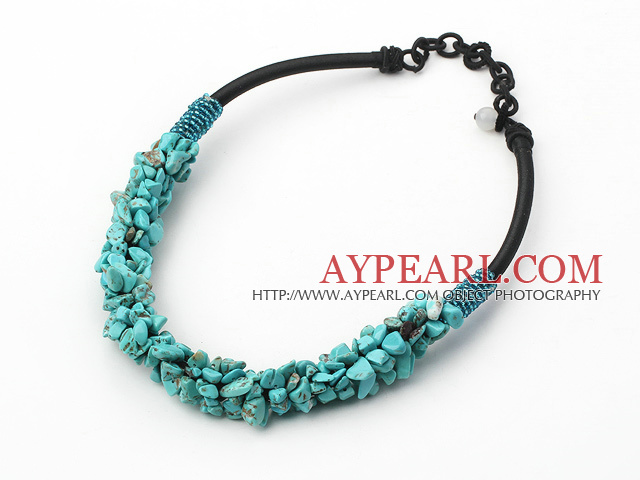 Beautiful 6*8Mm Turquoise Chips Beaded Necklace With Black Loops Cords