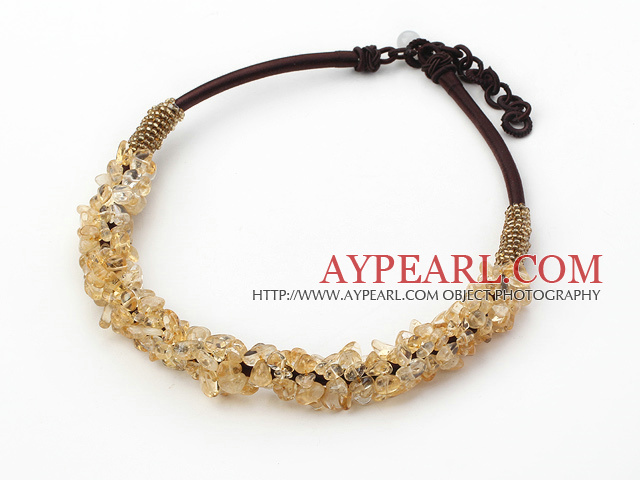Fashion 6*8Mm Citrine Chips Beaded Thick Brown Leather Loop Chain Necklace