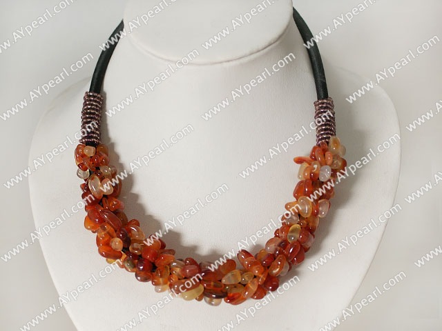 Beautiful 6*8Mm Red Agate Chip Beads Necklace With Black Tube Leather