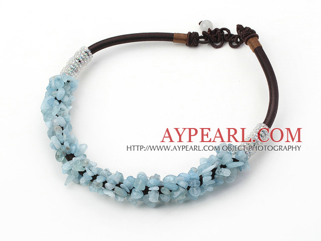 Fashion Aquamarine Chips Beaded Necklace With Thick Brown Cords 