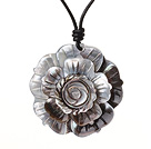 Wholesale Delicate Beautiful Black Shell Flower Pendant Necklace With Black Leather And Lobster Clasp