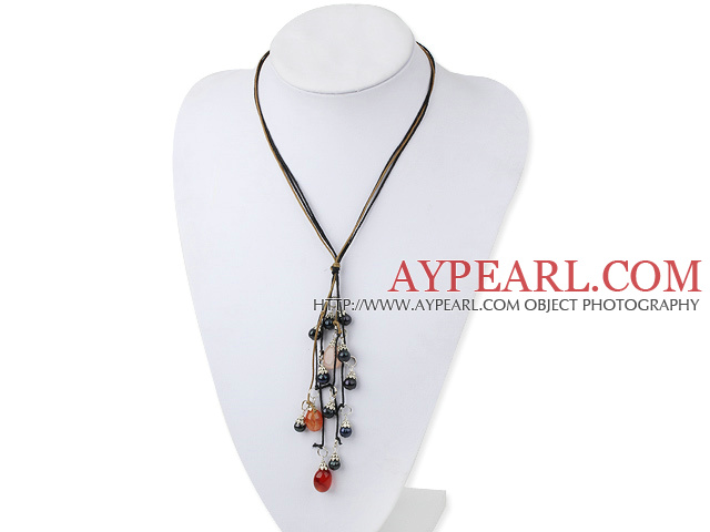 black pearl and agate necklace with extendable chain