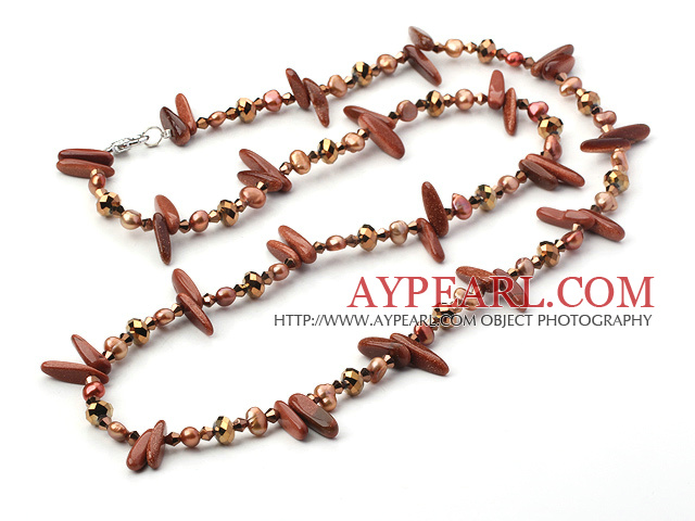 free long style pearl crystal and gold sand stone necklace