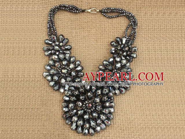 Gorgeous Elegant Multi Strand Gray Crystal Flower Statement Party Halsband