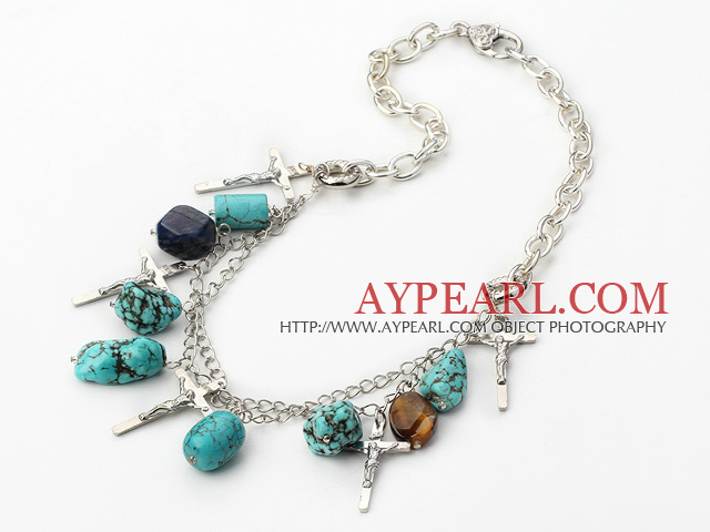 Nice Long Chain Style Blue Turquoise Tiger Eye Necklace With Crosses