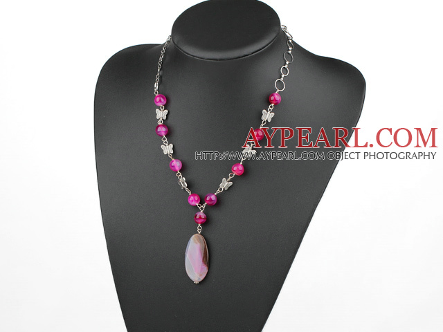 Beautiful Round And Oval Pink Agate And Butterfly Charm Pendant Necklace With Loop Extendable Chain