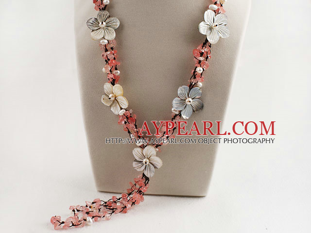 white pearl cherry quartze Y shape necklace with shell flower23.6
