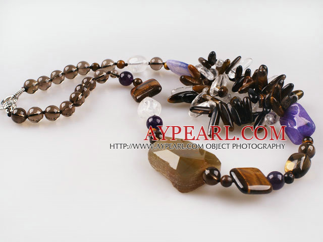 Fabulous new style tiger eye smoky quartze and crystal necklace