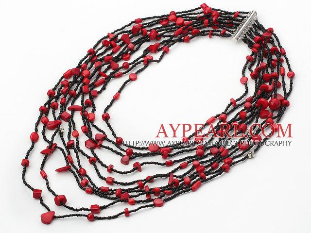 multi strand red color coal black glass beads beaded necklace 