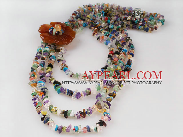 Fabulous flower style  four strand multi color stone chips beaded necklace